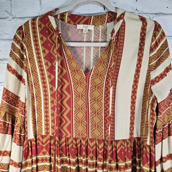 WOMENS EASEL LONG BOHO DRESS VNECK TASSEL TIES RUST CREAM GOLD BOLD STRIPES SM - Picture 8 of 9